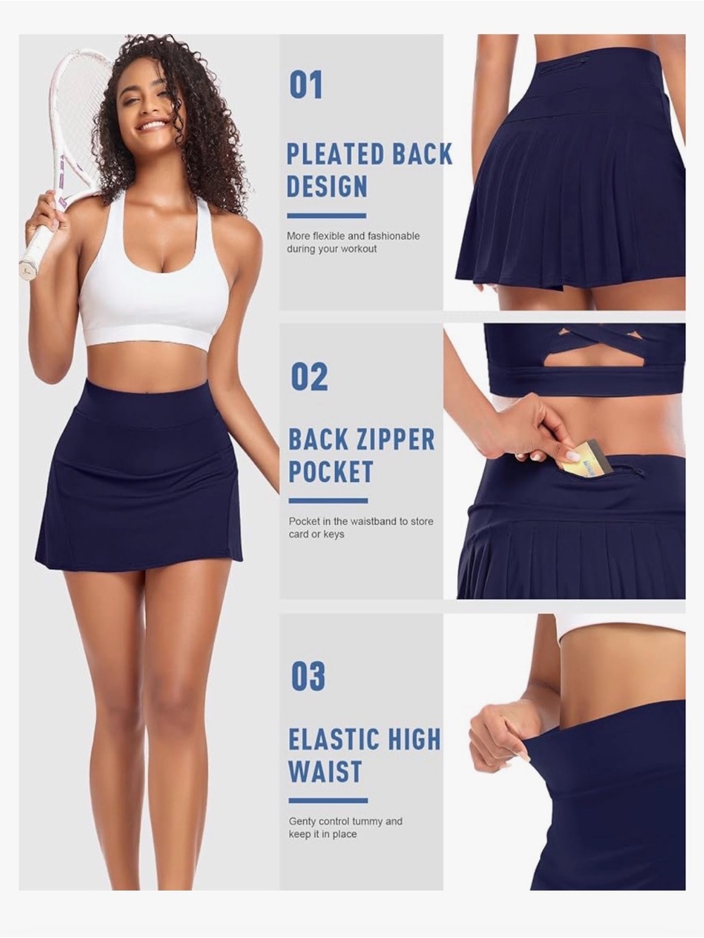 Navy Athletic Pleated Tennis Golf Skort with Back Zipper Pocket XXS